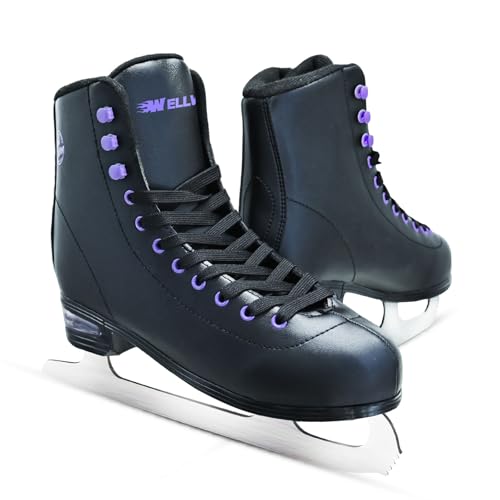 WELLWON Ice Skates for Women, Adult Figure Skates with Air Cushion, Classic Black Figure Skating Shoes Size 8.5 with Velvety Lining for Indoor& Outdoor