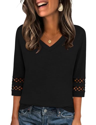 Zeagoo 3/4 Ärmel Bluse Damen Elegant V Ausschnitt Oberteil Lochstickerei Tunika Sommer Locker Shirt Schwarz XXL