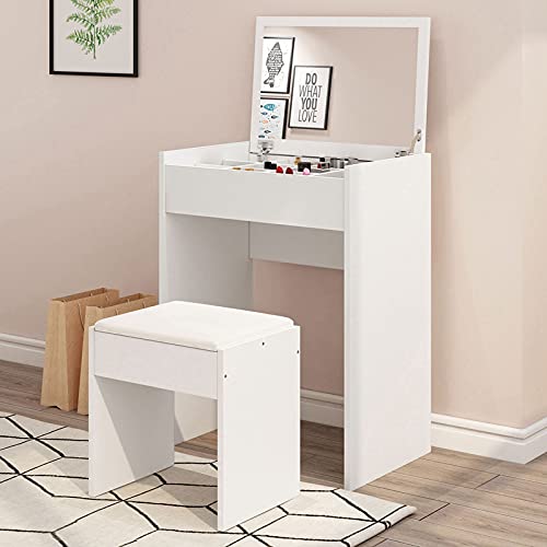 JAXPETY Vanity Makeup Table Set with Flip Top Mirror and Cushioned Stool, Makeup Dressing Table with Organizers Jewelry Storage for Girls (White) JAXPETY Vanity Makeup Table Set with Flip Top Mirror and Cushioned Stool, Makeup Dressing Table with Organizers Jewelry Storage for Girls (White)