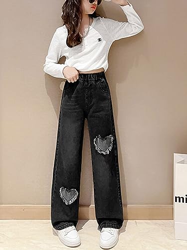 Kids Girls Vintage Elastic Waist Ripped Jeans Wide Leg Ripped Denim Pants with Pocket Summer Casual Wear4