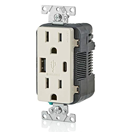 Image of Leviton T5633-T Type A & Type-C USB in-Wall Charger with 15A Tamper-Resistant Outlet, USB Charger for Smartphones and Tablets. Not for Laptops, Light Almond