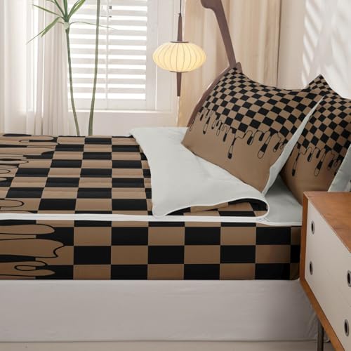 Image of Tan Black Brown Checkered Zipper Bedding Set Twin - 4 Piece Zip Up Comforter with Fitted Sheet & Pillowcases,Soft Bed-in-a-Bag Set Bedding for Girls,Checkerboard Drip Grunge Aesthetic Geometric