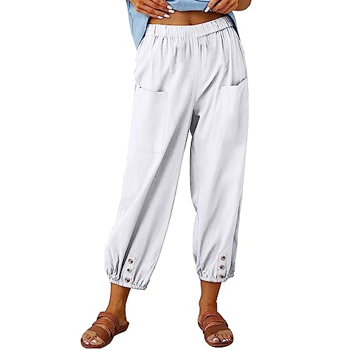 High Waisted Cotton Linen Pants for Women Causal Summer Cropped Lounge Pant Trousers with Pockets Trendy 2024