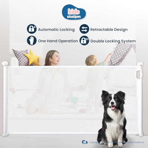 Image of Kids Station Baby Retractable Safety Gate - Gate with Two Way Auto Close - Adjustable Width - Height 90cm or 2.9ft - Expandable to 140cm or 4.6ft (White)