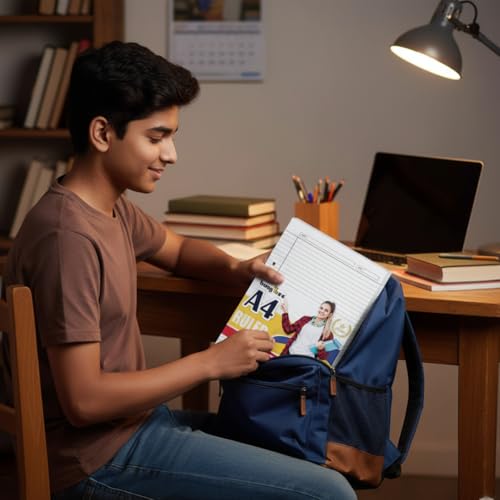 Image of Ruled Sheets A4 Size 90 GSM White Both Side Rule for Assignment, Project Work, Exam - 160 Sheets Loose Paper Bundle with Border, Non-Punched, Blue Rule and Magenta Margin - Glanza Edition