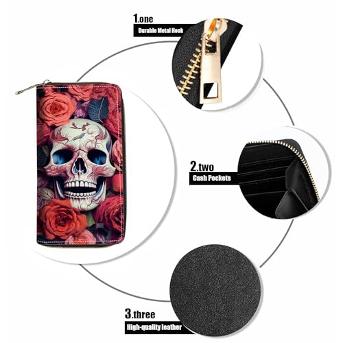 Skull Roses Print Wallet for Women Large Capacity Wallet Credit Card Holder PU Leather Zipper Clutch Purse Phone Wallet4