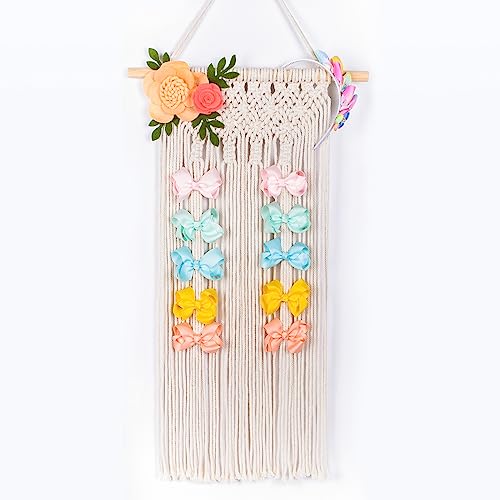 Image of POVETIRE Macrame Bow Organizer - Wall Display for Hair Bows, Clips & Accessories - Toddler & Girls