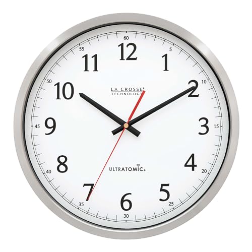 La Crosse Technology 404-1235UA-PL UltrAtomic - Reloj de Pared de Acero Inoxidable de 14 Pulgadas, Lente de plástico, Color Plateado