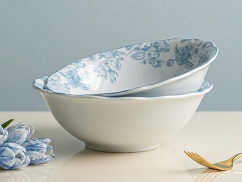 Image of Bodhi House 2-Piece Blue Leaf White Porcelain Serving Bowl Set | Lightweight, Chip Resistant, | Microwave & Dishwasher Safe | Elegant Tableware for Home Dining, Parties, Serving & Gifting Use