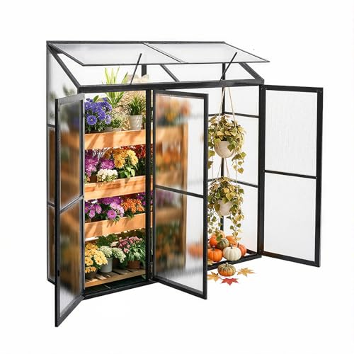 Gegaden Anlehngewächshaus Aluminium Beistell-Gewächshaus (Schwarz) – 180x54x190cm, 3 Türen & 2 Oberlicht, geeignet für Zitronenbaum-Töpfe,...
