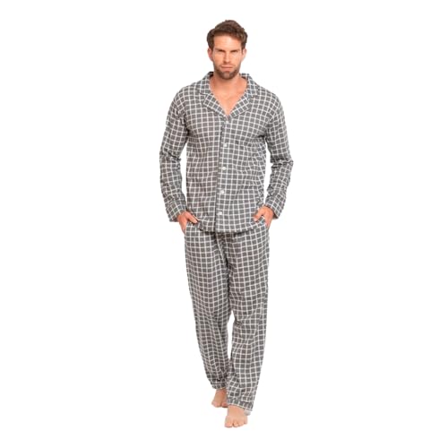 TRAMAS+ Pijama de Hombre Camisero Largo,100% Algodón, con Manga Larga y Pantalón Largo, Conjunto de Ropa para Dormir Entretiempo  L, Cuadro Roberto Gris