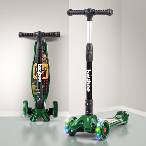 Image of Baybee Flash Kick Scooter for Kids | Smart Foldable 3 Wheel Kids Scooter with 4 Height Adjustable, LED PU Wheels & Brake | Skating Scooters Upto 75 Kg Capacity | Skate Scooters for Kid (Dark Green)