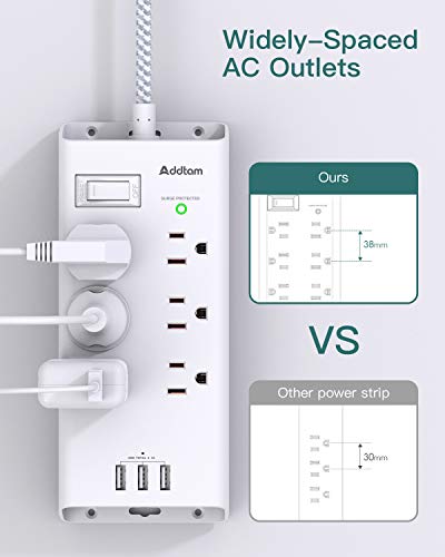Addtam Power Strip Surge Protector 6 Outlets And 3 Usb Ports 5Ft Long Extension Cord, Flat Plug Overload Surge Protection Outlet Strip, Wall Mount For Home, Office And Dorm #TOP6