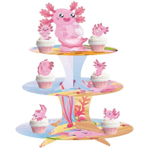 Pink Axolotl Cupcake Stand - 3 Tier Cardboard Cupcake Tower with ...