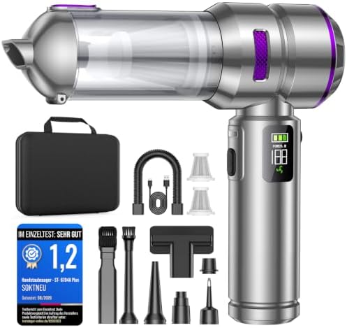 SOKTNEU Handstaubsauger, 26000Pa Akku Staubsauger Kabellos mit LCD Display | 4-in-1 Auto Staubsauger Stark, One-Touch Staubentleerung, 3*2500mAh Autostaubsauger für Tierhaare, Auto