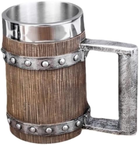 SLLS ビールジョッキ 大容量 304 ステンレスマグカップ 樹脂製木製レトロ風 手作り酒器 家庭・バー・パーティー用 クリスマスギフト 紅茶・飲料対応