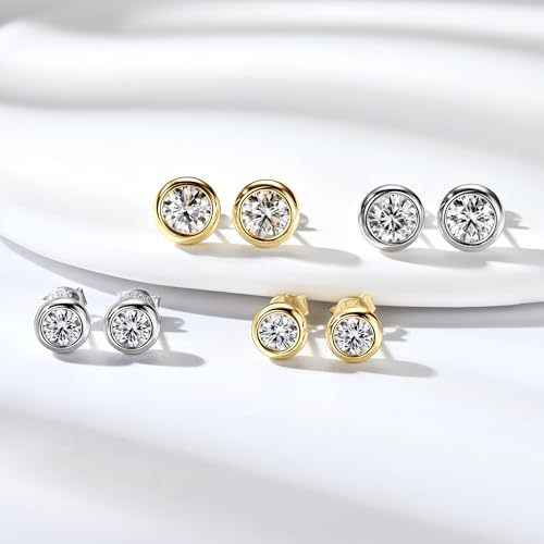 925 Sterling Silver Round Moissanite Stud Earrings for Women & Men, D Color VVS1, Hypoallergenic Bezel Set, 14K Gold Plated, Imitation Diamond Gifts3