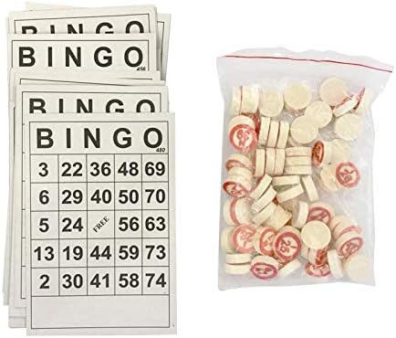 DENPETEC Bingo Board Game, Classic Bingo Cards, Vintage Wooden Bingo Game, with 40 Bingo Number Cards and 75 Chess, for Family, Friends and Large Parties Group Games