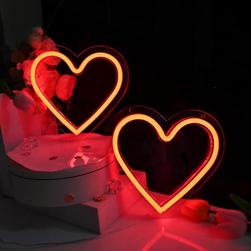 Image of Britrio Red Heart Neon Sign for Girls Room Dorm Bedroom Wall Decor Art 2 Pcs LED Neon Heart Light Sign Wedding Anniversary Birthday Party Home Decor Gifts for Mothers Valentine Battery or USB Powered