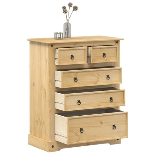 Sinkzol Cómoda Corona de madera maciza de pino con acabado en cera de miel, 92 x 48 x 114 cm, 5 cajones, tiradores de metal, espacio de almacenamiento para pasillo, salón, dormitorio, vestíbulo