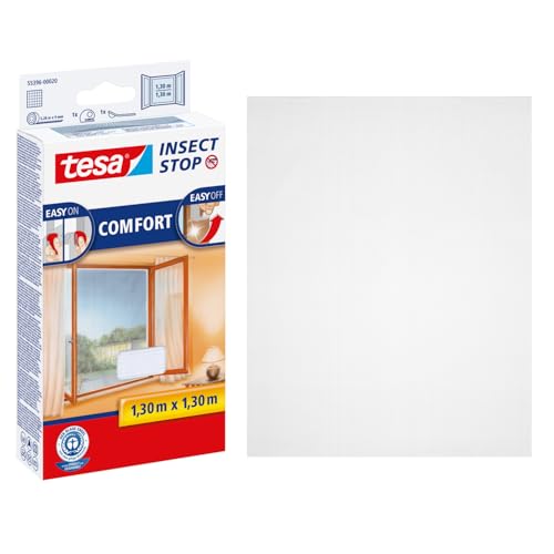tesa Insect Stop Comfort Fliegengitter für Fenster - Insektenschutz mit Klettband selbstklebend - Fliegen Netz ohne Bohren - 130 cm x 130 cm - Weiß (Leichter Sichtschutz)