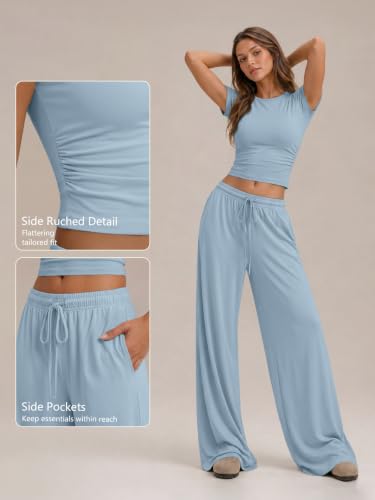 Image of Trendy Queen 2 Piece Matching Summer Lounge Set Womens Side Ruching Top Wide Leg Pants Sets with Pockets