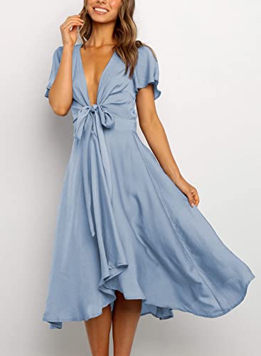 Image of miduo Womens Satin V Neck Ruffle Short Sleeve Tie Front High Waist Midi A-Line Maxi Dresses
