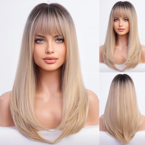 OUFEI Ombre Blonde Wigs for Women - Long Wig with Bangs, Straight Synthetic Hair, Heat Resistant for Daily Party Cosplay Wear - Image 4