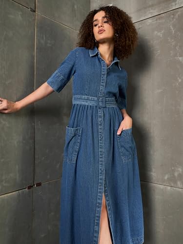 Image of Sassafras Women's A-Line Fit & Flared Half Sleeves Denim Belted Maxi - Casual Streetwear Denim Dress