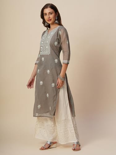 Image of RATAN Muga Cotton Straight Lucknowi Chikankari Ethnic Wear Kurta for Women