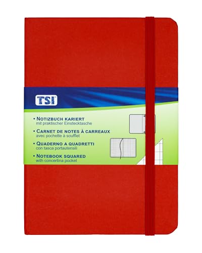 TSI - TSI Notizbuch A6 mit Hardcover, Lineatur kariert, Farbe rot, 192 Seiten, mit Innentasche, Lesezeichen, Elastischer Verschluß, Art. Nr. 63556-RT