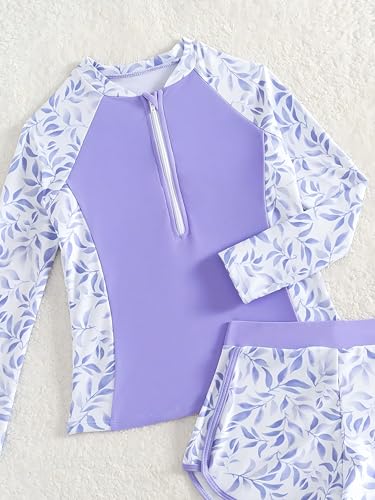 Image of SEGT Girl's Floral Long Sleeve Rash Guard with Bikini Bottom 2 Piece Swimsuit Set