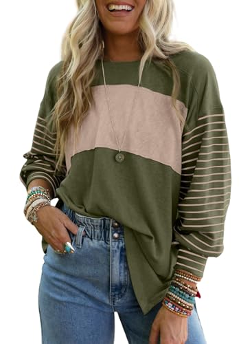Image of CHICZONE Long Sleeve Sweatshirts for Womens Fall Color Block Crew Neck tops Loose Fit Striped Shirt Moss Green