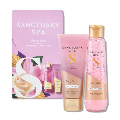 SANCTUARY Spa Lily & Rose Bodycare Duo – Luxury Body Wash & Scrub Gift Set for Women – Floral Skincare Pamper Gift, Ideal for Birthday, Christmas & Self Care