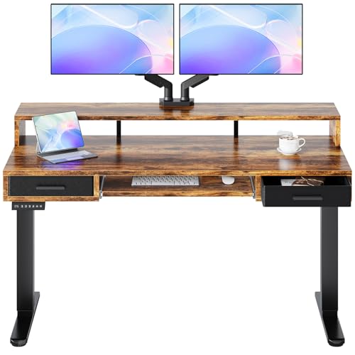 Image of HUANUO 55″ x 26″ Electric Standing Desk with 2 Drawers &24.4″ Large Keyboard Tray, C-Clamp Mount Compatible, Adjustable Computer Desk for Office, Sit Stand Up Desk with 4 Height Presets, Vintage Brown