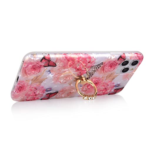 Qokey Compatible With Iphone 11 Case,Flower Pattern Cute Fashion For Women Girls Men With 360 Degree Rotating Ring Holder Kickstand Soft Tpu Shockproof Cover For Iphone 11 6.1 Inch Rose Butterfly #TOP2