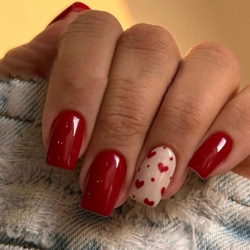Valentines Press on Nails Short Square Nails Press Ons Red Glossy...