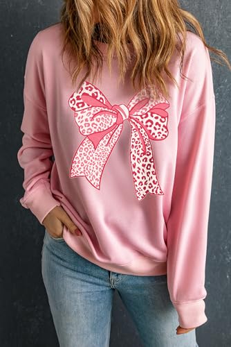 Stylish Long Sleeve Pullover: Pink Leopard Print with Bowknot Details3