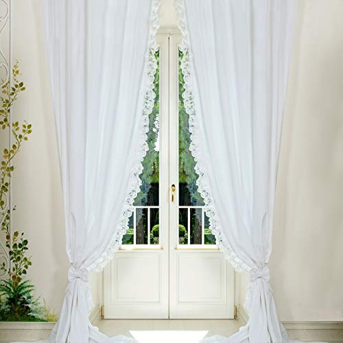 CdCasa 2er Set Vorhang Gardinen und Raffhalter, Baumwoll-Gardinen, Gardinen Spitze und Rüschen, 2 Stück Gardinen Landhaus Shabby Chic - Rüsche Volant/Spitze - 150x300 - Weiß Cover