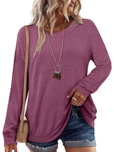 onlypuff Long Sleeve Shirts for Women Loose Fitting Tunic Tops Pocket T Shirts Womens Fashion Tops Blouse Wine Red L