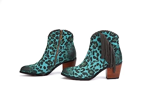 M Women's Tassels Cattle Leather Leopard Prints Western Cowgirl Short Boot3