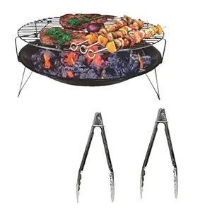 NE GRILLS Portable BBQ Grill & 2 Tong with Dish, Food Grill & 4 Skewers | Cast Iron | Ideal for Camping, Hiking, Picnics, and Travel