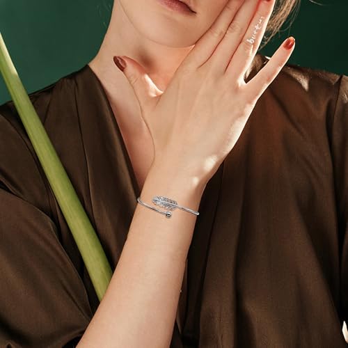 AILUOR 925 Silver Leaf Feather Bangle Bracelet Bohemian style Fashion Charms Bracelets Jewelry Cuff Women Adjustable3