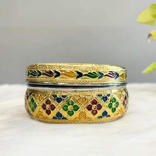 Image of NAVRANG Stainless Steel Container Box Meenakari Storage Box /Chapati Box /Roti Dabba Peacock Design (Pack of 2, Golden)