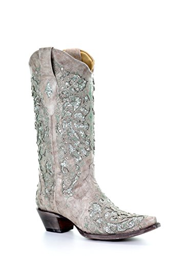 Corral Women's 13-inch White/Green Glitter Inlay & Crystals Pull-On Cowboy Boots - Sizes