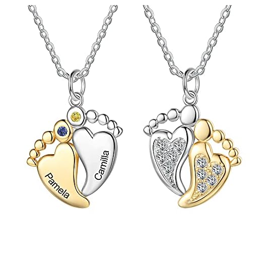 lorajewel Personliga 2 namn månadsstenar hjärta hänge halsband med 925 sterling silver guld mor och baby fötter halsband för mamma dotter mors dag e sterlingsilver, cod. NE108921