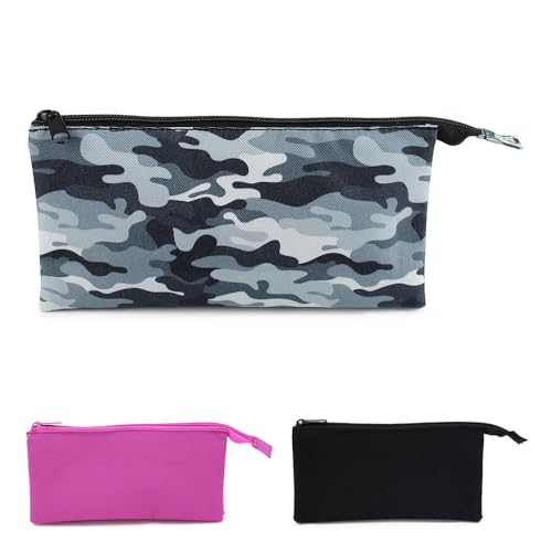 Fashion Stationery Black Triple Pocket Pencil Case Camo White Grey Flat Zipper Pencil Pouch for Boys Girls Teenagers Pencil Cases for Secondary and High School (Grey)