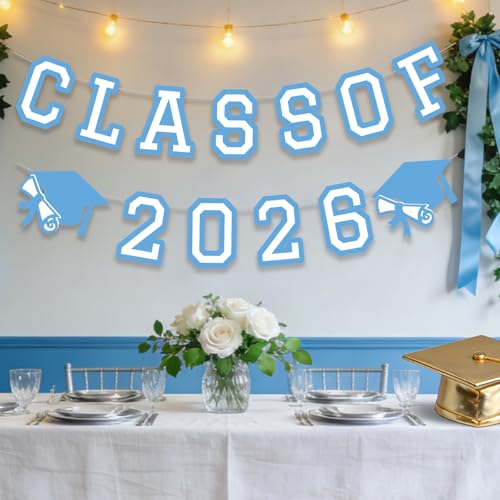 Image of Class of 2026 Graduation Banner University College Grad Garland Decoration Party Supplies High School Colors Light Blue White