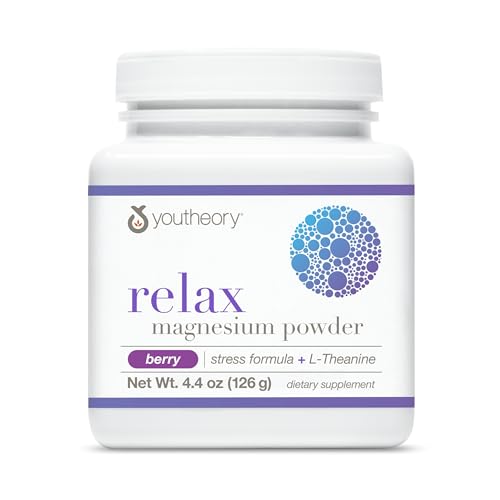 Youtheory Relax Magnesium Powder - Vegan Stress Relief Supplement with L-Theanine & GABA* - Supports Relaxation* - Dairy, Soy & Gluten Free - Berry, 4.4 oz