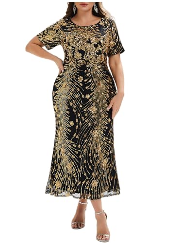 Image of Ever-Pretty Plus Women's Short Sleeves Bodycon Sequin Ball Gown Maxi Plus Size Formal Evening Dresses Vestidos De Fiesta
